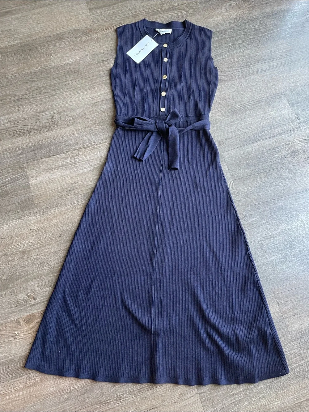 Lucky Brand Ribbed Knit Midi Dress XS Navy Gold Button Nautical Tie Belt NWT